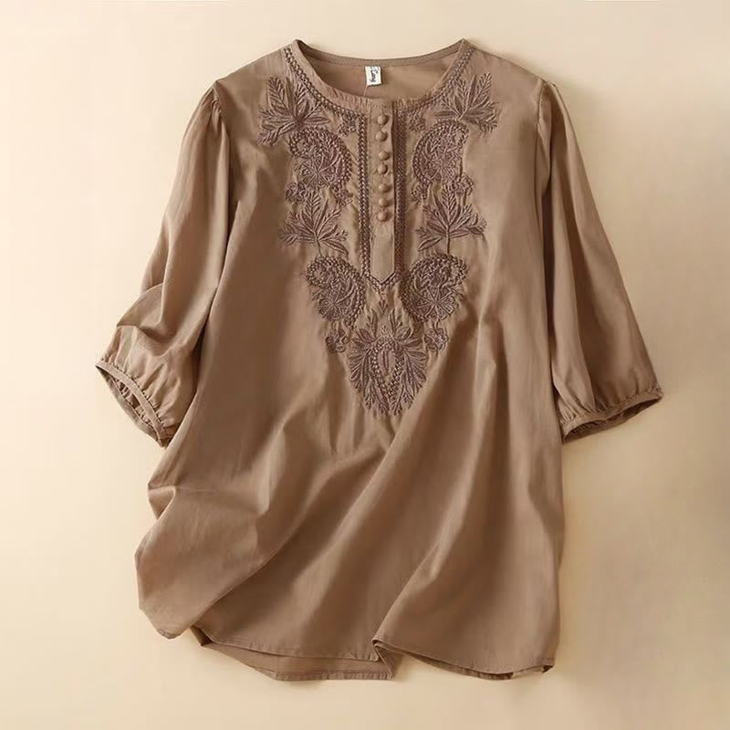 Buddha Stones Lässiges Damen-Shirt mit besticktem Blumenmuster, Rundhalsausschnitt, halblange Ärmel, Baumwoll-Leinen