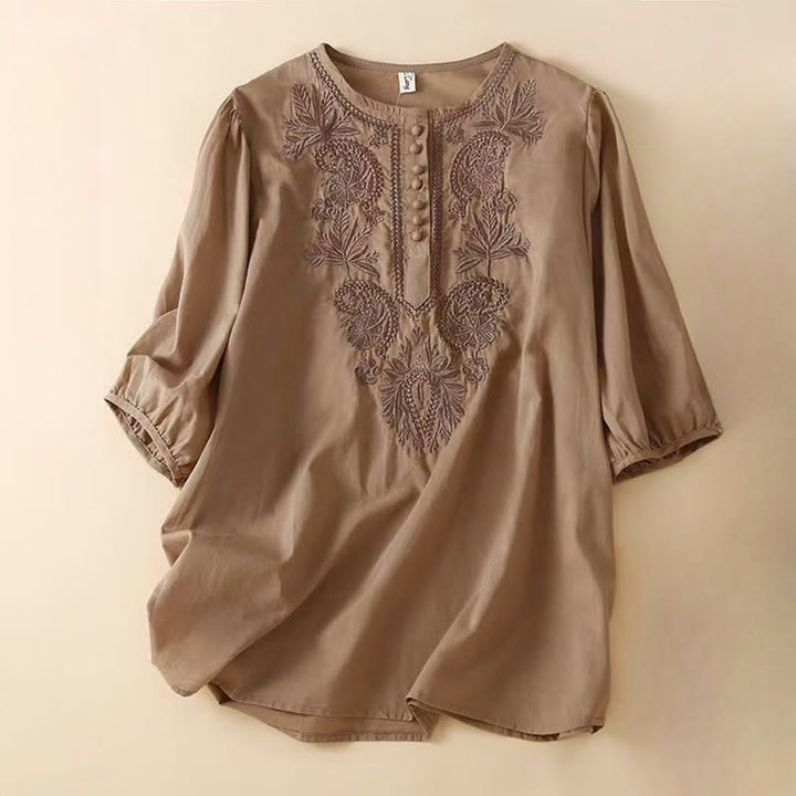 Buddha Stones Lässiges Damen-Shirt mit besticktem Blumenmuster, Rundhalsausschnitt, halblange Ärmel, Baumwoll-Leinen
