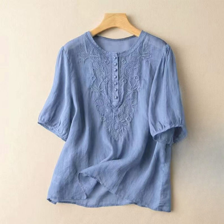 Buddha Stones Lässiges Damen-Shirt mit besticktem Blumenmuster, Rundhalsausschnitt, halblange Ärmel, Baumwoll-Leinen