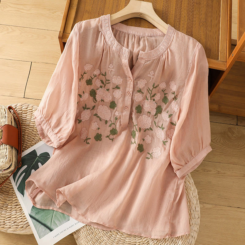 Buddha Stones Lässiges Damen-Shirt mit Blumen, grünen Blättern, Stickmuster, V-Ausschnitt, halblange Ärmel, Baumwoll-Leinen - image 1