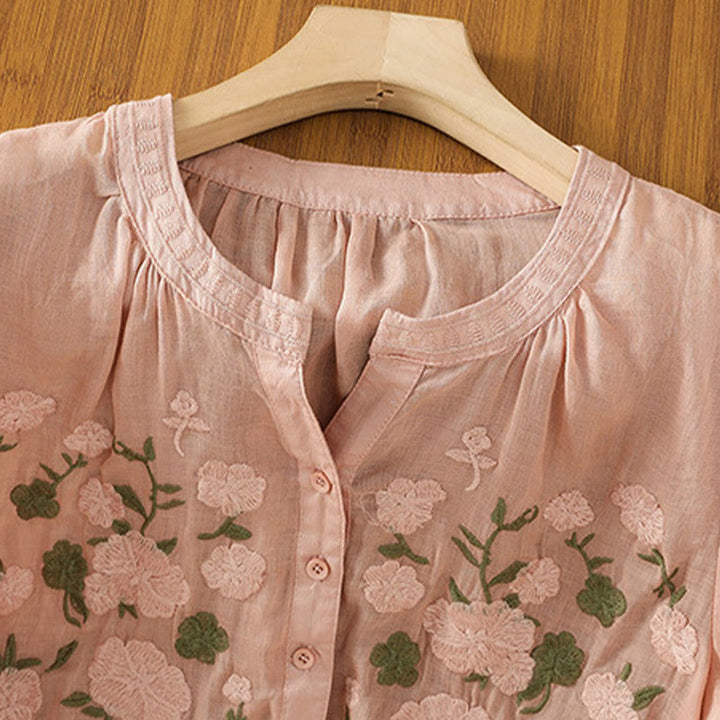 Buddha Stones Lässiges Damen-Shirt mit Blumen, grünen Blättern, Stickmuster, V-Ausschnitt, halblange Ärmel, Baumwoll-Leinen - image 7