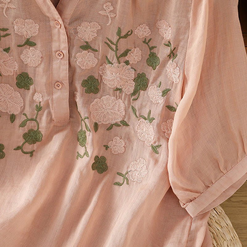 Buddha Stones Lässiges Damen-Shirt mit Blumen, grünen Blättern, Stickmuster, V-Ausschnitt, halblange Ärmel, Baumwoll-Leinen - image 8