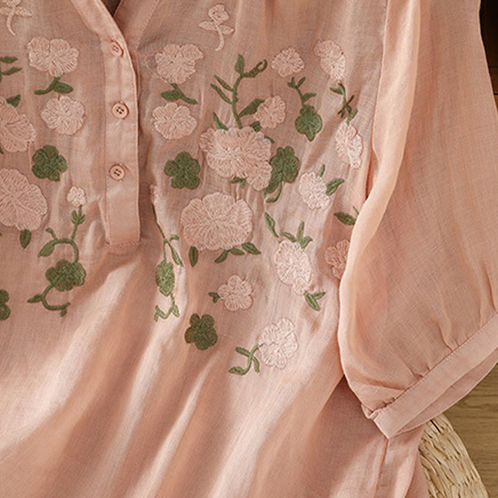 Buddha Stones Lässiges Damen-Shirt mit Blumen, grünen Blättern, Stickmuster, V-Ausschnitt, halblange Ärmel, Baumwoll-Leinen - image 8