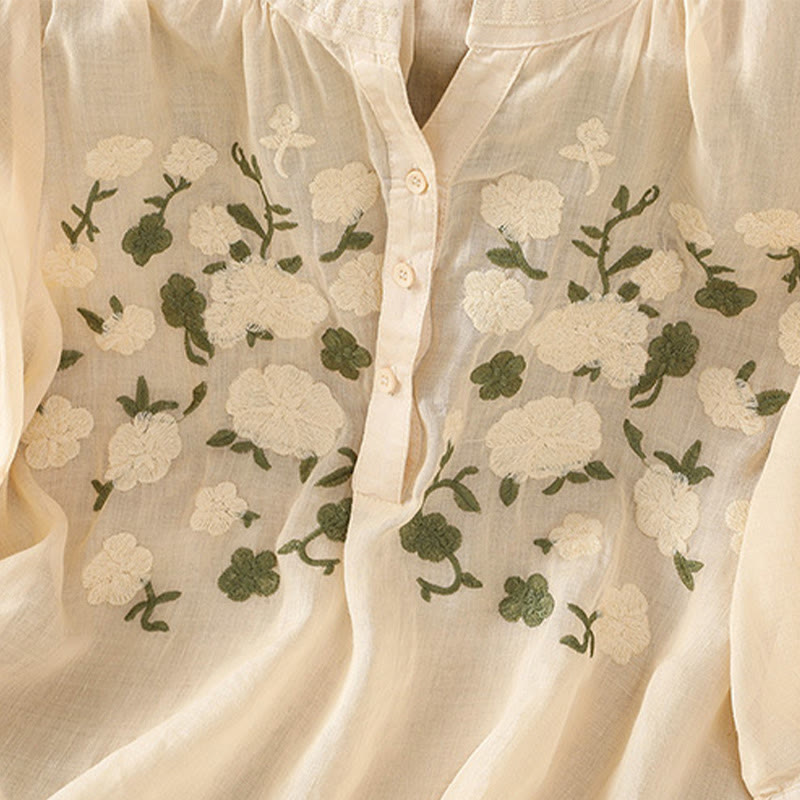 Buddha Stones Lässiges Damen-Shirt mit Blumen, grünen Blättern, Stickmuster, V-Ausschnitt, halblange Ärmel, Baumwoll-Leinen - image 10