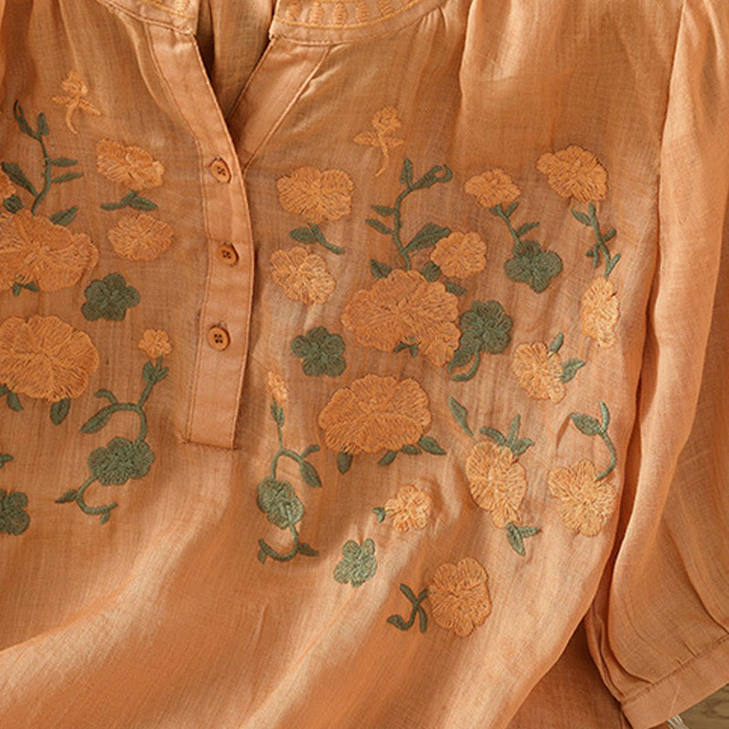 Buddha Stones Lässiges Damen-Shirt mit Blumen, grünen Blättern, Stickmuster, V-Ausschnitt, halblange Ärmel, Baumwoll-Leinen - image 17
