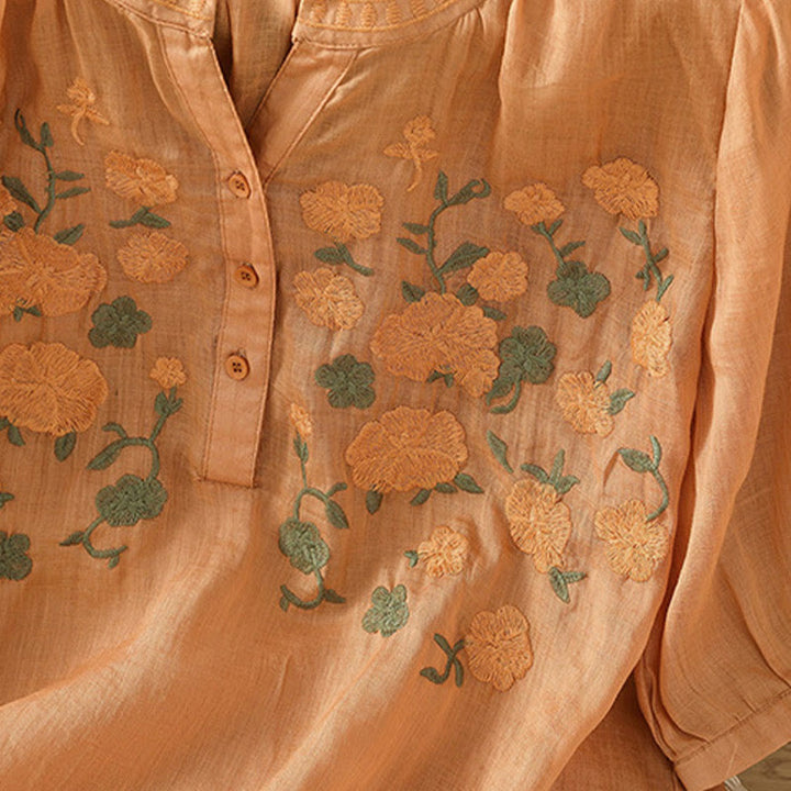 Buddha Stones Lässiges Damen-Shirt mit Blumen, grünen Blättern, Stickmuster, V-Ausschnitt, halblange Ärmel, Baumwoll-Leinen - image 17