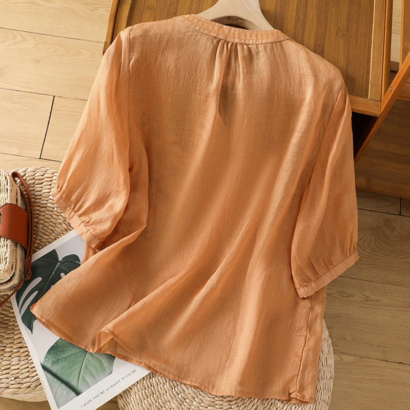 Buddha Stones Lässiges Damen-Shirt mit Blumen, grünen Blättern, Stickmuster, V-Ausschnitt, halblange Ärmel, Baumwoll-Leinen - image 20