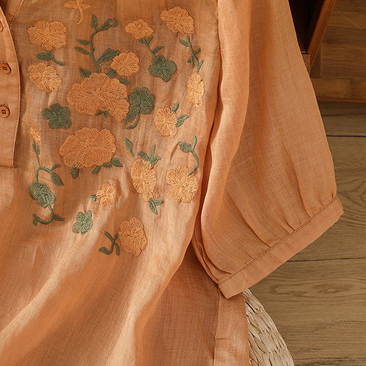 Buddha Stones Lässiges Damen-Shirt mit Blumen, grünen Blättern, Stickmuster, V-Ausschnitt, halblange Ärmel, Baumwoll-Leinen - image 18