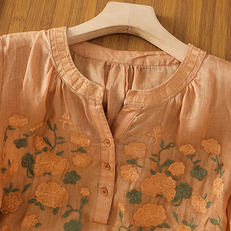 Buddha Stones Lässiges Damen-Shirt mit Blumen, grünen Blättern, Stickmuster, V-Ausschnitt, halblange Ärmel, Baumwoll-Leinen - image 22