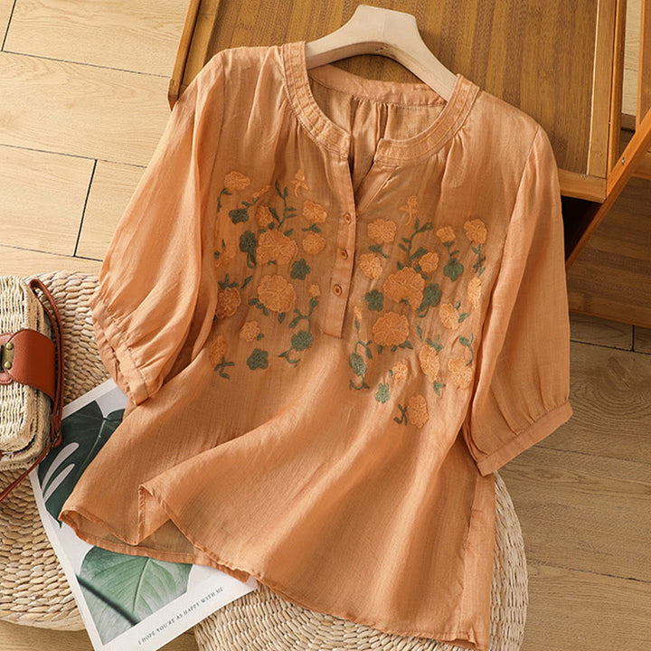 Buddha Stones Lässiges Damen-Shirt mit Blumen, grünen Blättern, Stickmuster, V-Ausschnitt, halblange Ärmel, Baumwoll-Leinen - SandyBrown - US8-10， UK/AU12-14，EU40-42 (2XL) - image 16