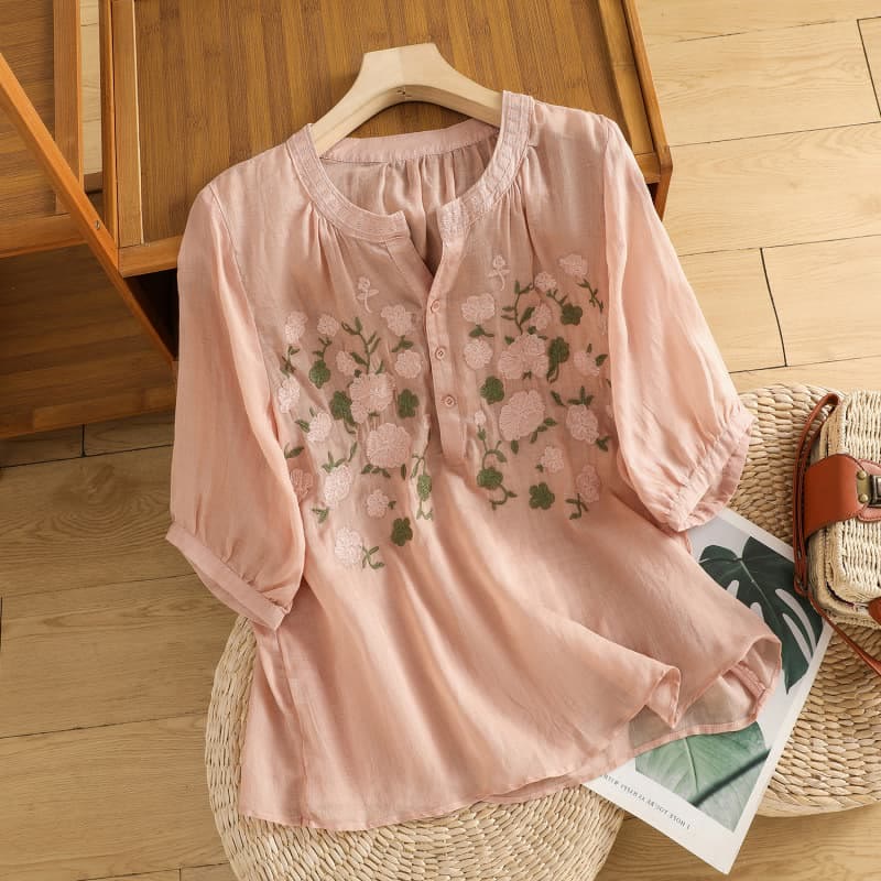 Buddha Stones Lässiges Damen-Shirt mit Blumen, grünen Blättern, Stickmuster, V-Ausschnitt, halblange Ärmel, Baumwoll-Leinen - Rosa - US8-10， UK/AU12-14，EU40-42 (2XL) - image 0