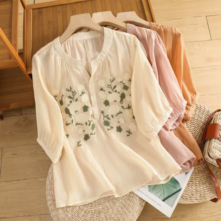 Buddha Stones Lässiges Damen-Shirt mit Blumen, grünen Blättern, Stickmuster, V-Ausschnitt, halblange Ärmel, Baumwoll-Leinen - image 23