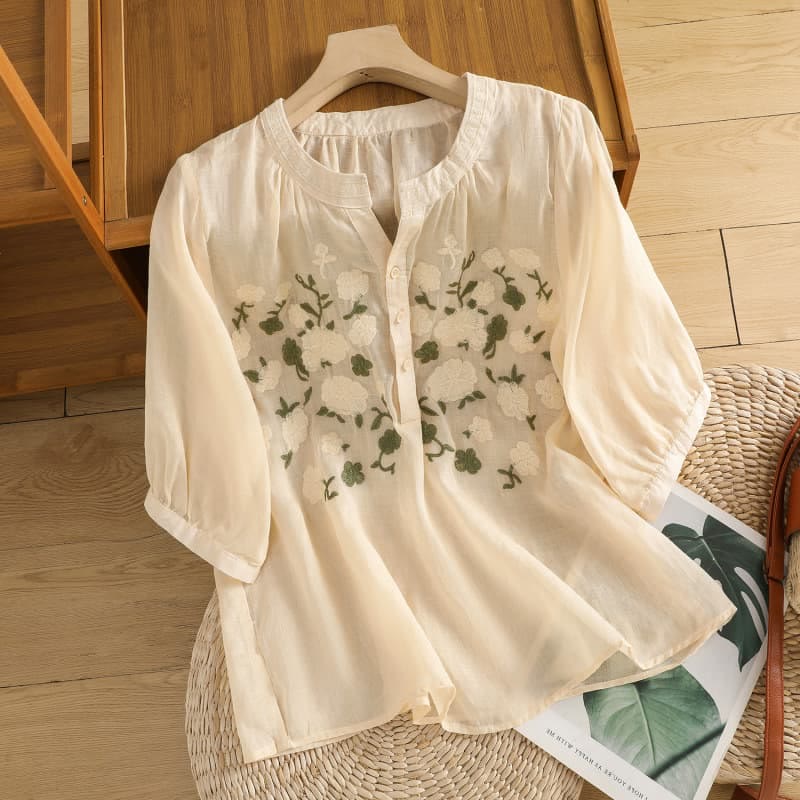 Buddha Stones Lässiges Damen-Shirt mit Blumen, grünen Blättern, Stickmuster, V-Ausschnitt, halblange Ärmel, Baumwoll-Leinen - PapayaPeitsche - US8-10， UK/AU12-14，EU40-42 (2XL) - image 9