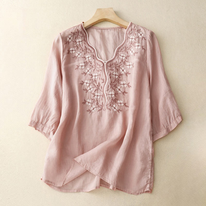 Buddha Stones Sommer Lässiges Damen-T-Shirt mit V-Ausschnitt und halblangen Ärmeln aus Acryl mit bestickten Blumen - Rosa - US 8-10, UK/AU 12-14, EU 40-42 (2XL) - image 6