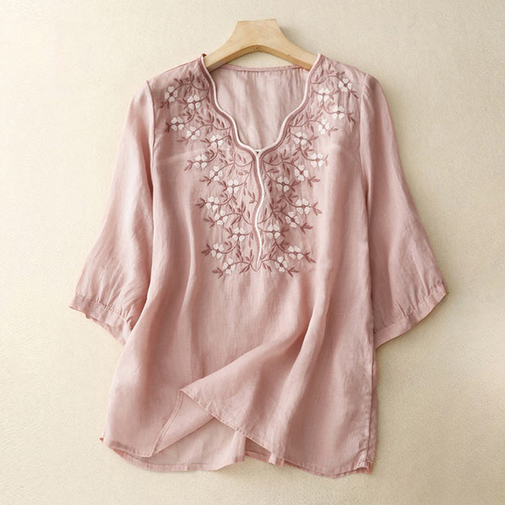 Buddha Stones Sommer Lässiges Damen-T-Shirt mit V-Ausschnitt und halblangen Ärmeln aus Acryl mit bestickten Blumen - Rosa - US 8-10, UK/AU 12-14, EU 40-42 (2XL) - image 6
