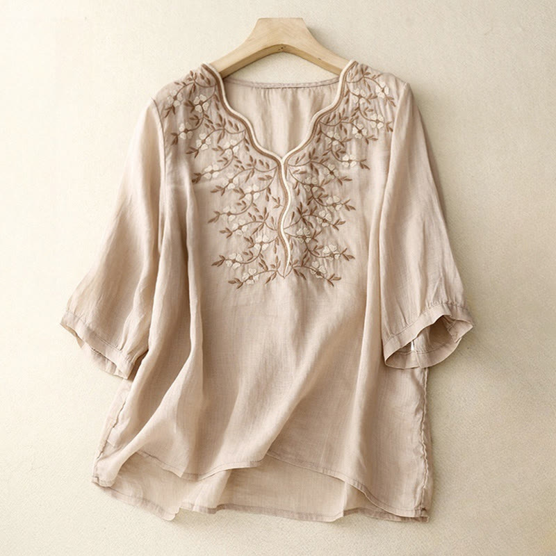 Buddha Stones Sommer Lässiges Damen-T-Shirt mit V-Ausschnitt und halblangen Ärmeln aus Acryl mit bestickten Blumen - Biskuit - US 8-10, UK/AU 12-14, EU 40-42 (2XL) - image 18
