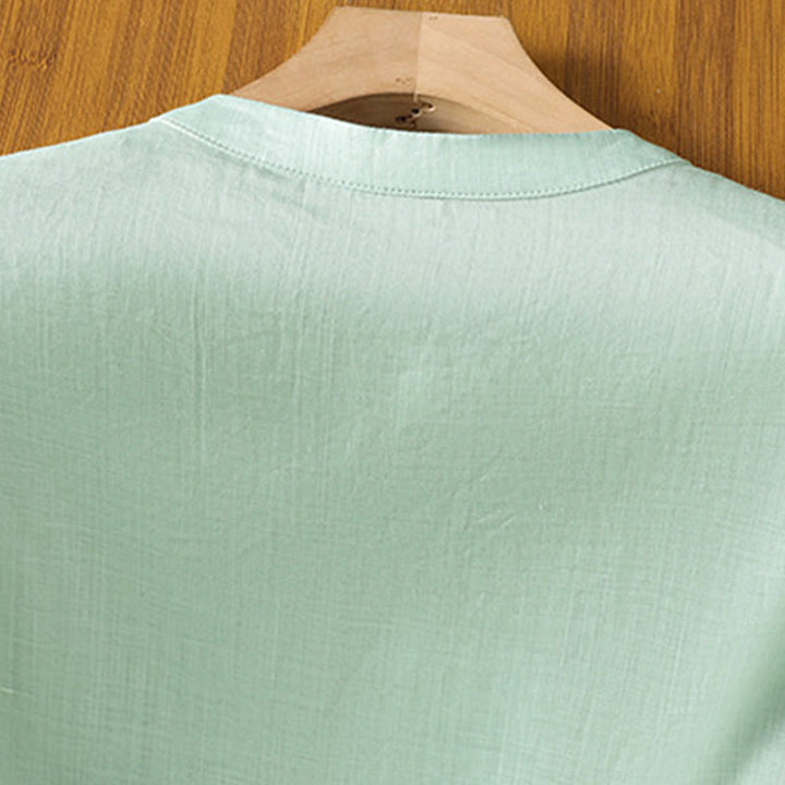 Buddha Stones Lässiges Damen-Shirt mit Blumen- und Blätterstickerei-Muster und Froschknopf, Rundhalsausschnitt, halblange Ärmel, Baumwoll-Leinen