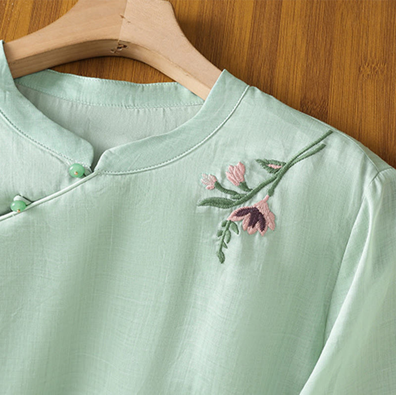 Buddha Stones Lässiges Damen-Shirt mit Blumen- und Blätterstickerei-Muster und Froschknopf, Rundhalsausschnitt, halblange Ärmel, Baumwoll-Leinen