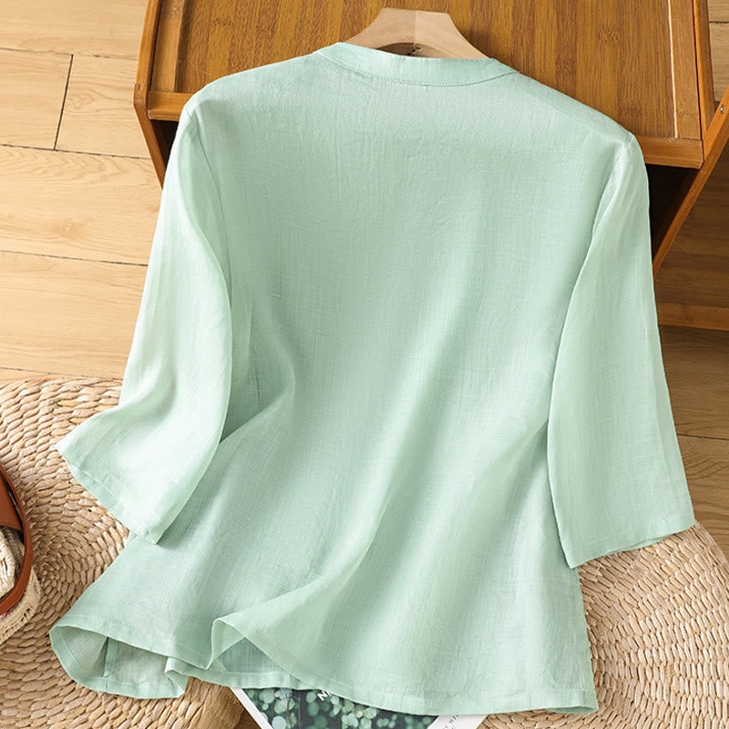 Buddha Stones Lässiges Damen-Shirt mit Blumen- und Blätterstickerei-Muster und Froschknopf, Rundhalsausschnitt, halblange Ärmel, Baumwoll-Leinen