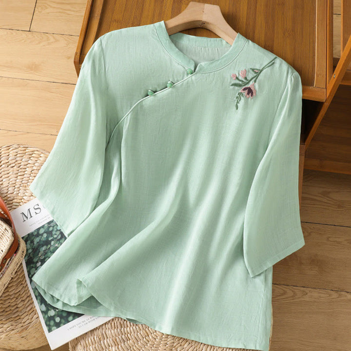 Buddha Stones Lässiges Damen-Shirt mit Blumen- und Blätterstickerei-Muster und Froschknopf, Rundhalsausschnitt, halblange Ärmel, Baumwoll-Leinen