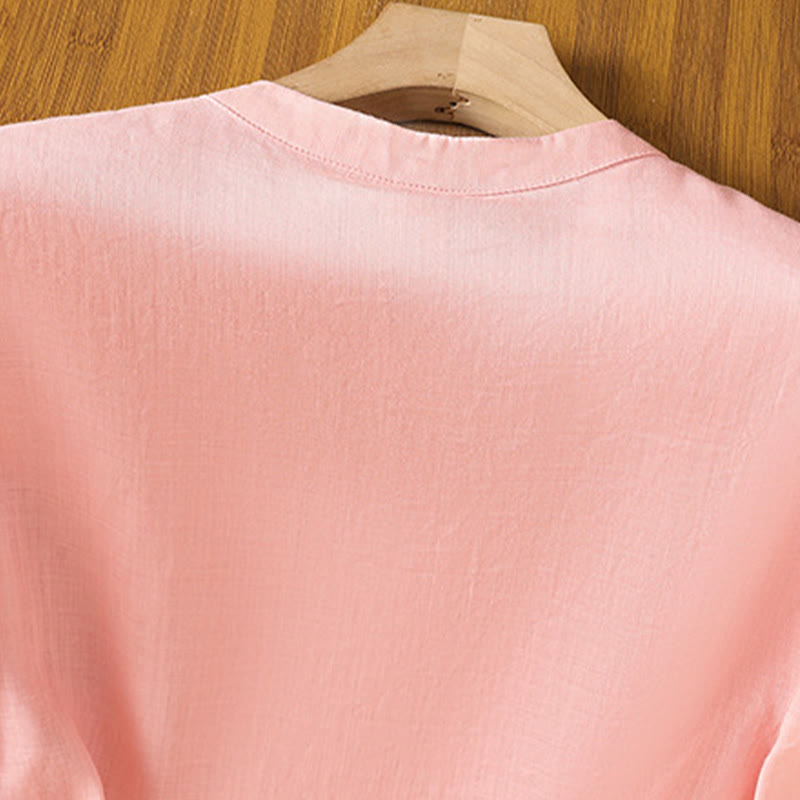 Buddha Stones Lässiges Damen-Shirt mit Blumen- und Blätterstickerei-Muster und Froschknopf, Rundhalsausschnitt, halblange Ärmel, Baumwoll-Leinen