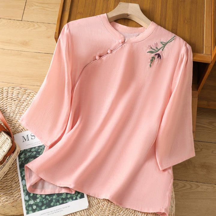 Buddha Stones Lässiges Damen-Shirt mit Blumen- und Blätterstickerei-Muster und Froschknopf, Rundhalsausschnitt, halblange Ärmel, Baumwoll-Leinen