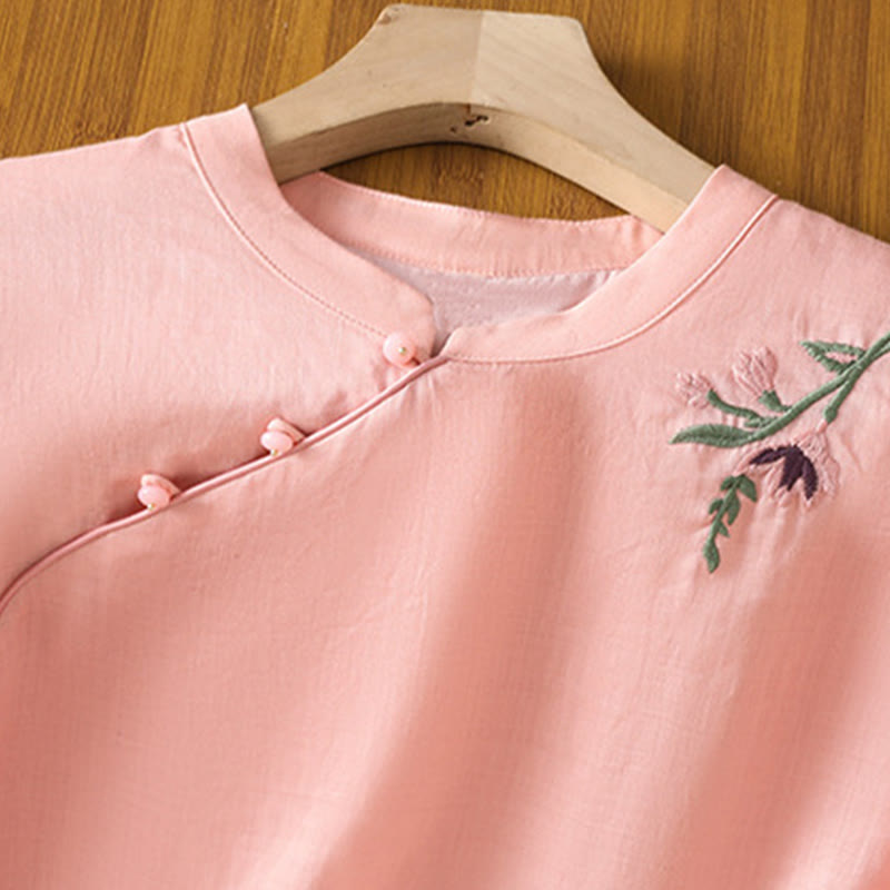 Buddha Stones Lässiges Damen-Shirt mit Blumen- und Blätterstickerei-Muster und Froschknopf, Rundhalsausschnitt, halblange Ärmel, Baumwoll-Leinen