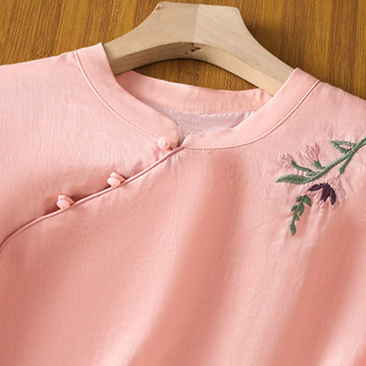 Buddha Stones Lässiges Damen-Shirt mit Blumen- und Blätterstickerei-Muster und Froschknopf, Rundhalsausschnitt, halblange Ärmel, Baumwoll-Leinen
