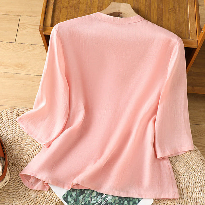 Buddha Stones Lässiges Damen-Shirt mit Blumen- und Blätterstickerei-Muster und Froschknopf, Rundhalsausschnitt, halblange Ärmel, Baumwoll-Leinen