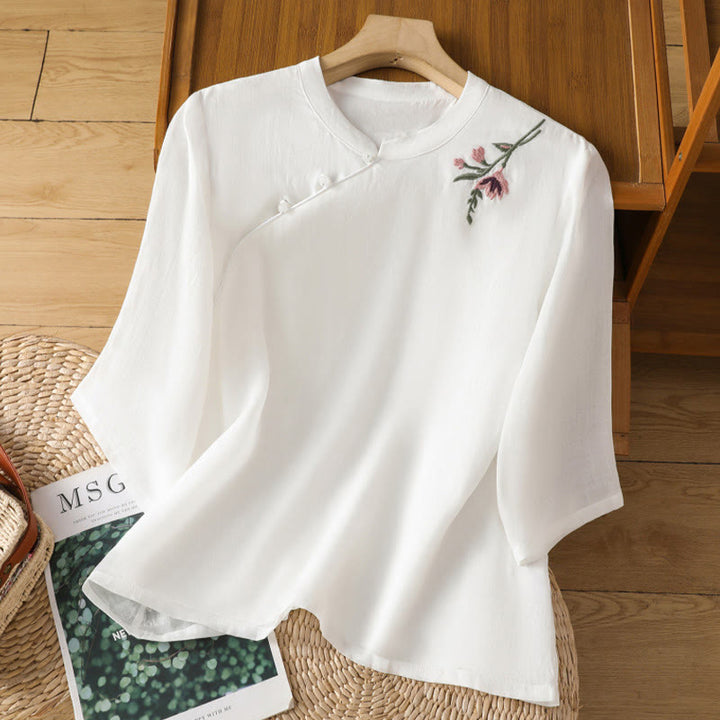 Buddha Stones Lässiges Damen-Shirt mit Blumen- und Blätterstickerei-Muster und Froschknopf, Rundhalsausschnitt, halblange Ärmel, Baumwoll-Leinen