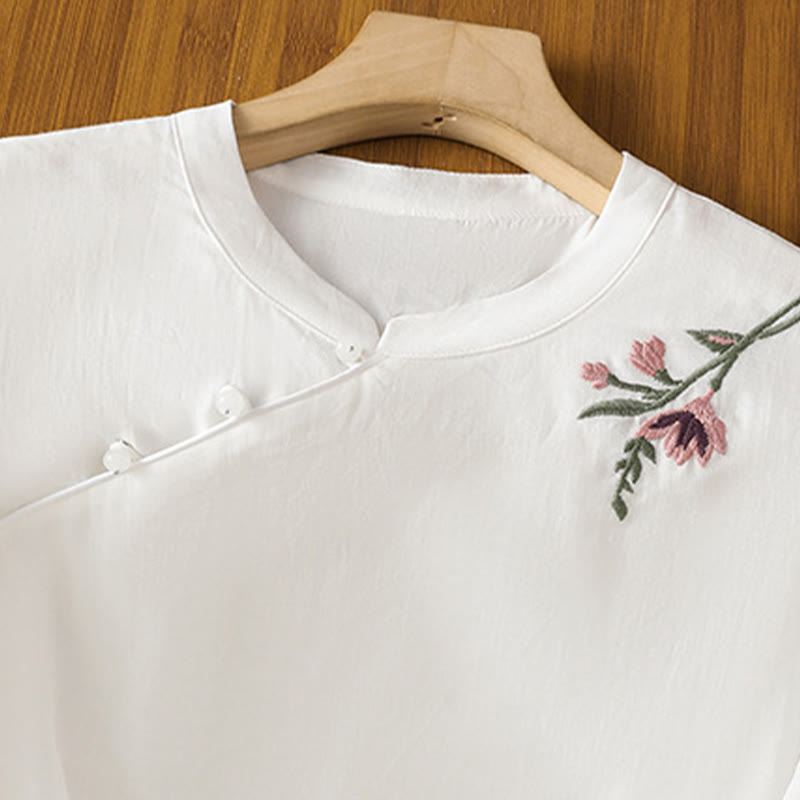 Buddha Stones Lässiges Damen-Shirt mit Blumen- und Blätterstickerei-Muster und Froschknopf, Rundhalsausschnitt, halblange Ärmel, Baumwoll-Leinen