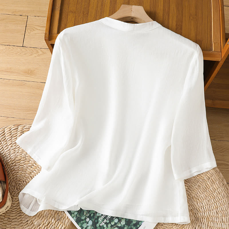Buddha Stones Lässiges Damen-Shirt mit Blumen- und Blätterstickerei-Muster und Froschknopf, Rundhalsausschnitt, halblange Ärmel, Baumwoll-Leinen