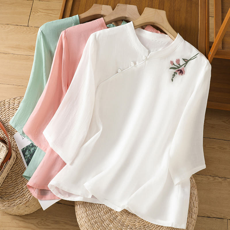 Buddha Stones Lässiges Damen-Shirt mit Blumen- und Blätterstickerei-Muster und Froschknopf, Rundhalsausschnitt, halblange Ärmel, Baumwoll-Leinen