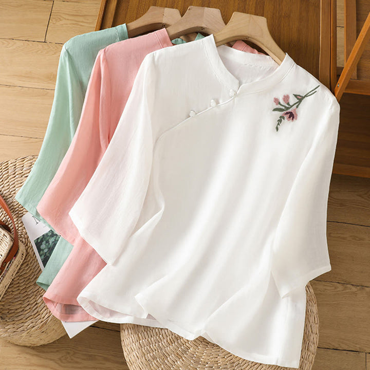 Buddha Stones Lässiges Damen-Shirt mit Blumen- und Blätterstickerei-Muster und Froschknopf, Rundhalsausschnitt, halblange Ärmel, Baumwoll-Leinen