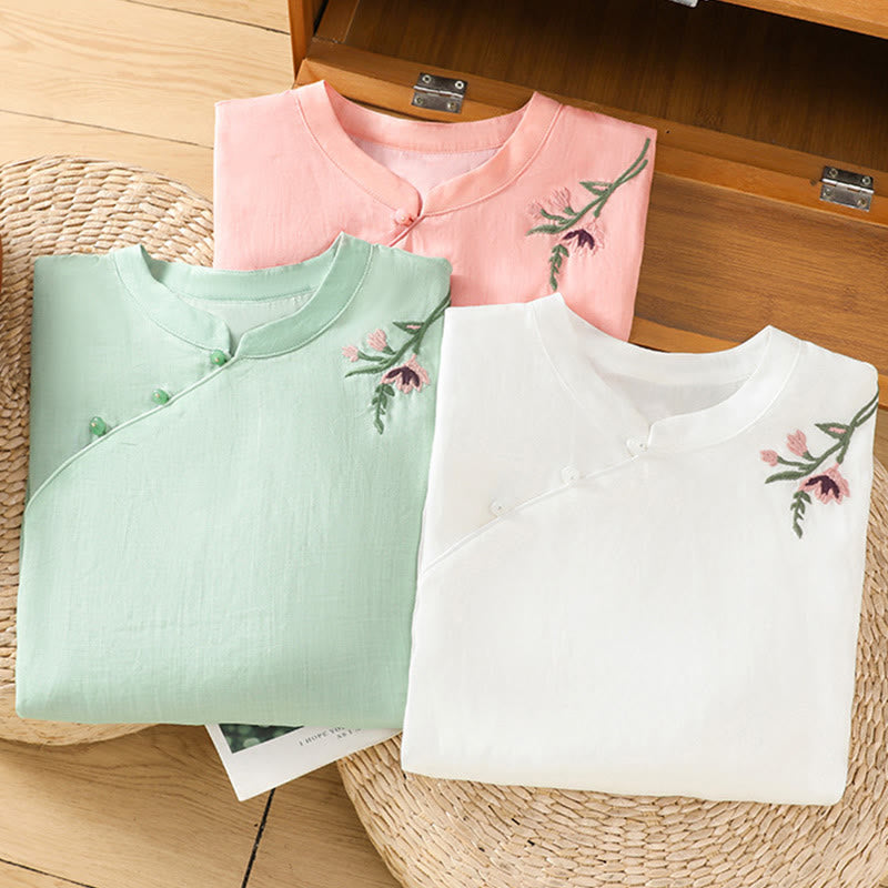 Buddha Stones Lässiges Damen-Shirt mit Blumen- und Blätterstickerei-Muster und Froschknopf, Rundhalsausschnitt, halblange Ärmel, Baumwoll-Leinen