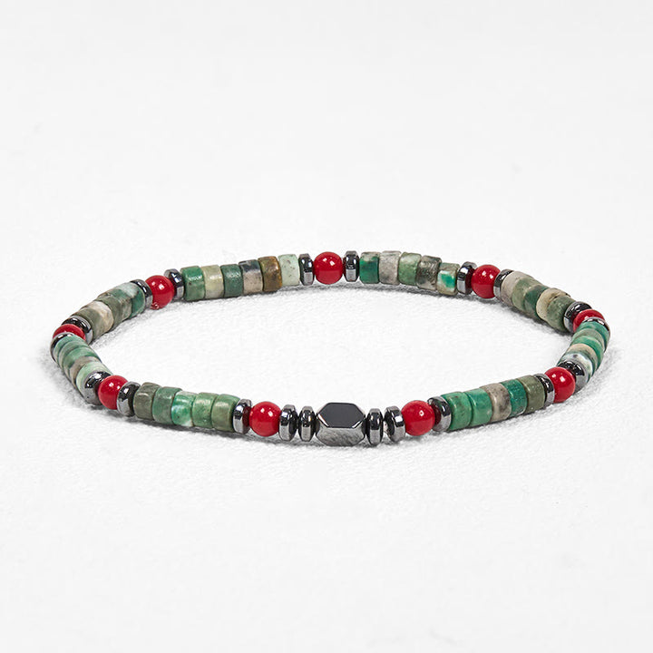 Buddha Stones Armband aus natürlichem grünem Stein, Hämatit, rote Koralle, kraftvoll