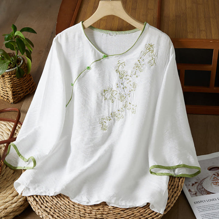 Buddha Stones Lässiges Damen-Blumenstickmuster mit Froschknopf, schrägem Kragendesign, Dreiviertelärmeln, Baumwoll-Leinen-Hemd - Weiß - US12， UK/AU16，EU44 (3XL) - image 0
