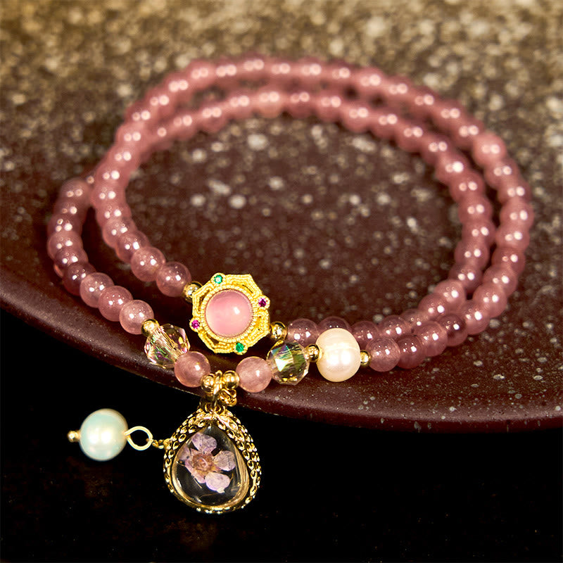 Buddha Stones Natürliche Erdbeerquarz Perle Schmetterling Wassertropfen Positive Doppelwickelarmband