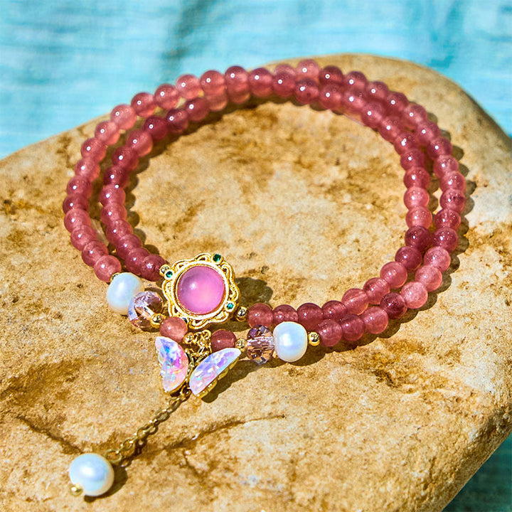 Buddha Stones Natürliche Erdbeerquarz Perle Schmetterling Wassertropfen Positive Doppelwickelarmband