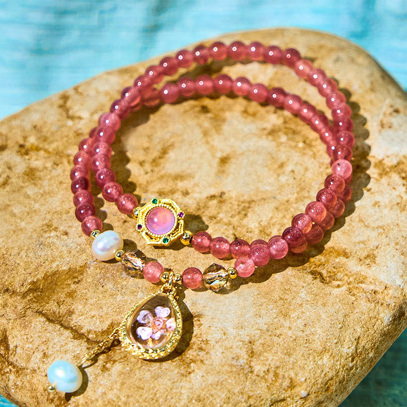 Buddha Stones Natürliche Erdbeerquarz Perle Schmetterling Wassertropfen Positive Doppelwickelarmband