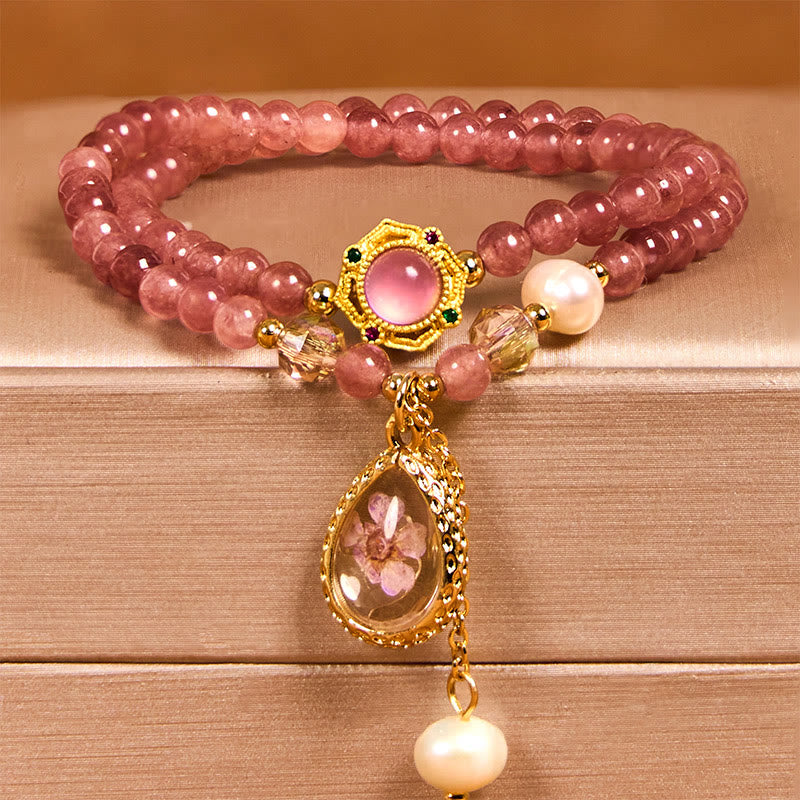 Buddha Stones Natürliche Erdbeerquarz Perle Schmetterling Wassertropfen Positive Doppelwickelarmband