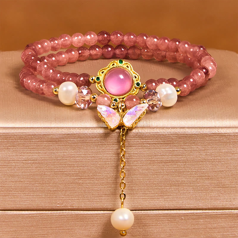 Buddha Stones Natürliche Erdbeerquarz Perle Schmetterling Wassertropfen Positive Doppelwickelarmband