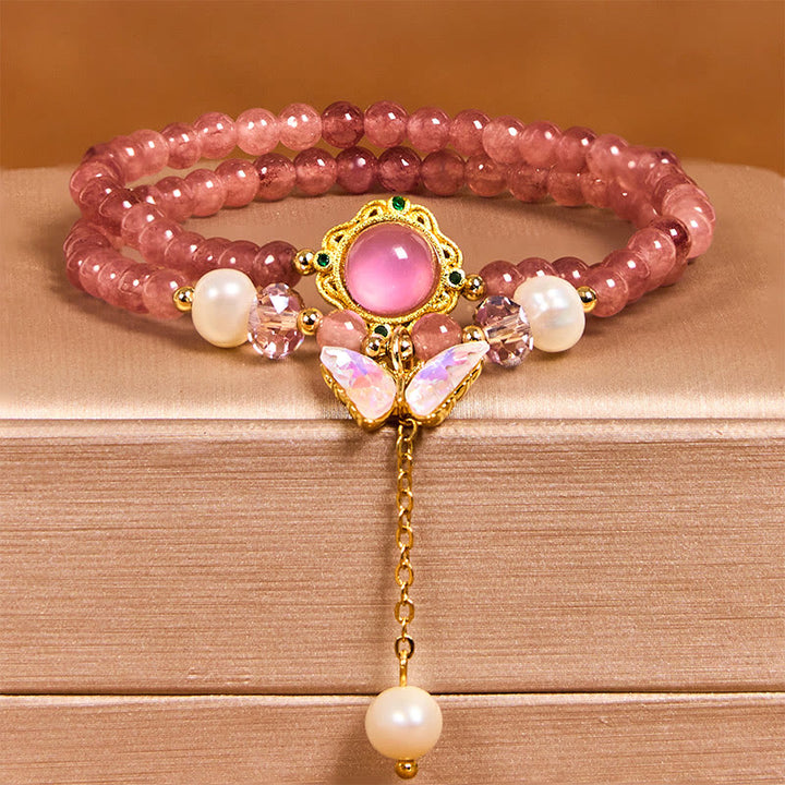 Buddha Stones Natürliche Erdbeerquarz Perle Schmetterling Wassertropfen Positive Doppelwickelarmband