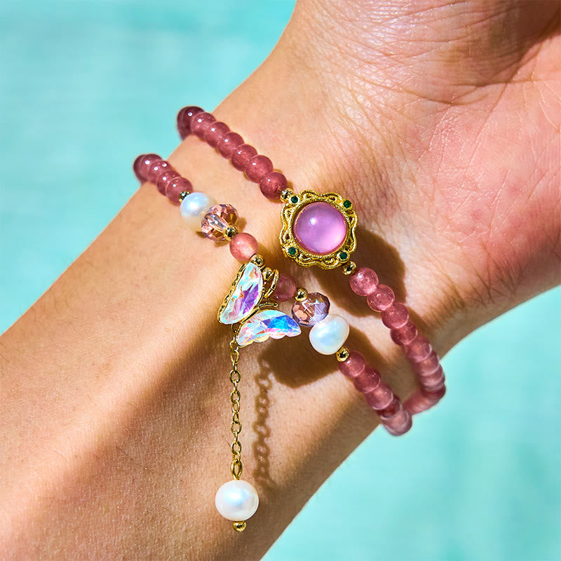 Buddha Stones Natürliche Erdbeerquarz Perle Schmetterling Wassertropfen Positive Doppelwickelarmband