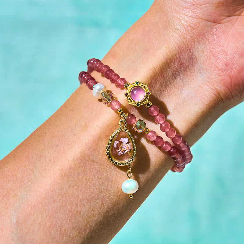 Buddha Stones Natürliche Erdbeerquarz Perle Schmetterling Wassertropfen Positive Doppelwickelarmband