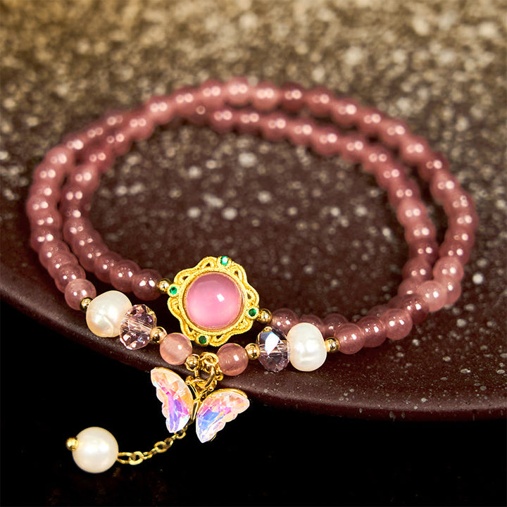 Buddha Stones Natürliche Erdbeerquarz Perle Schmetterling Wassertropfen Positive Doppelwickelarmband