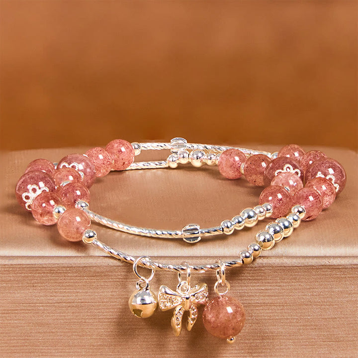 Buddha Stones Natürlicher Erdbeerquarz Schleifenknoten Rosette Charm Heilung Doppelwickelarmband