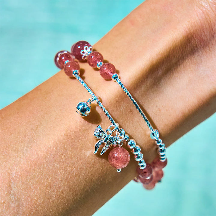 Buddha Stones Natürlicher Erdbeerquarz Schleifenknoten Rosette Charm Heilung Doppelwickelarmband