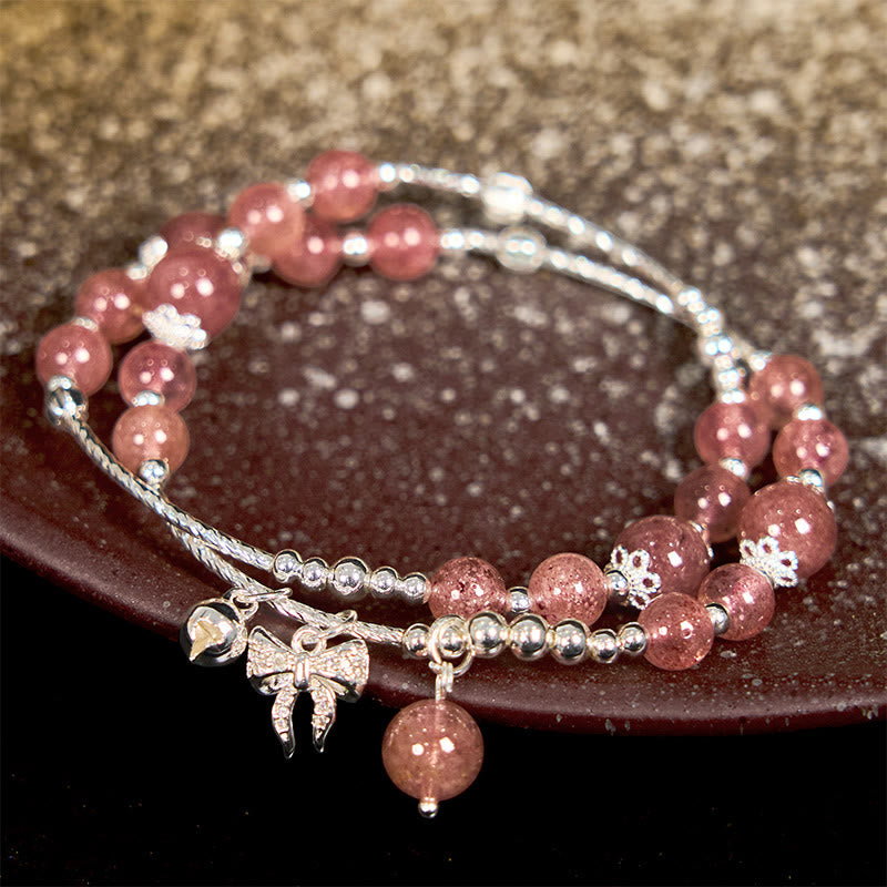 Buddha Stones Natürlicher Erdbeerquarz Schleifenknoten Rosette Charm Heilung Doppelwickelarmband