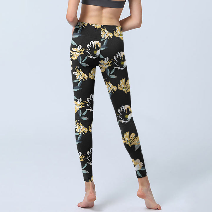 Buddha Stones Gelb Weiß Blumenmuster Druck Gym Leggings Damen Yoga Hose - image 6